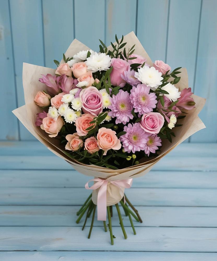 Букет цветов из: Хризантемы, Розы и Альстромерии в Поселок совхоза Буденновец