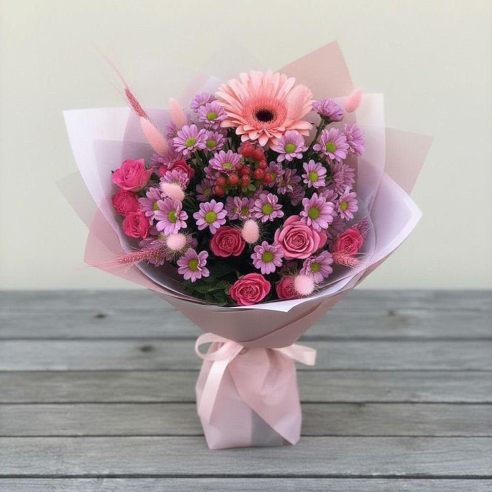 Букет цветов из: Розы, Герберы и Хризантемы в Поселок совхоза Буденновец