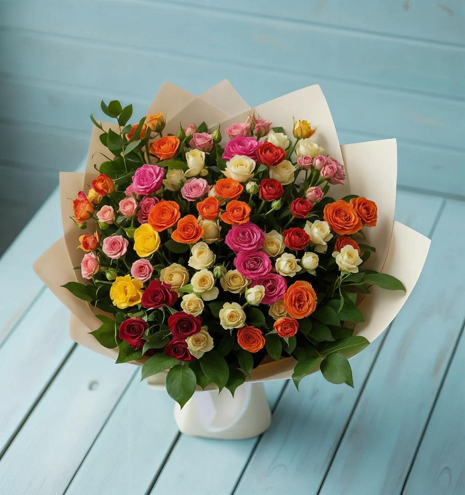 Букет Микс из разноцветных кустовых роз в Поселок совхоза Буденновец