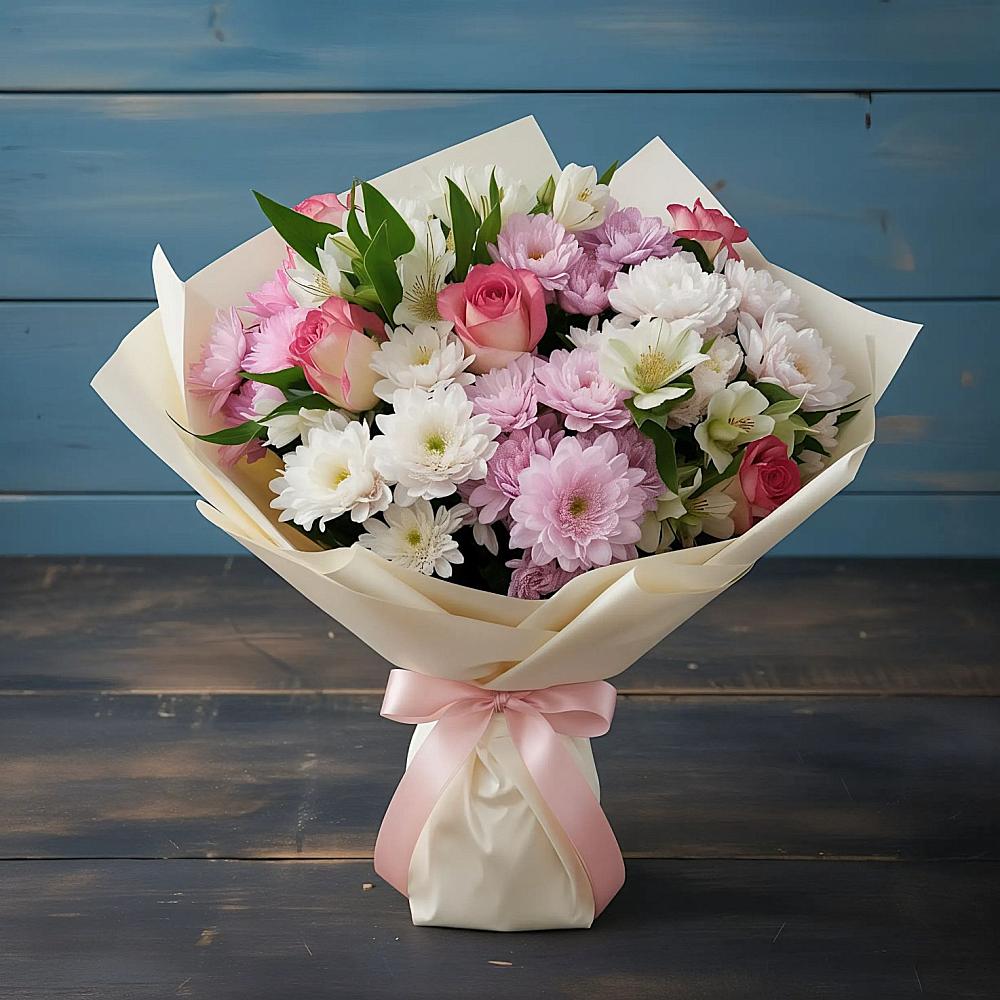 Букет цветов из: Хризантемы, Альстромерии и Розы в Поселок совхоза Буденновец